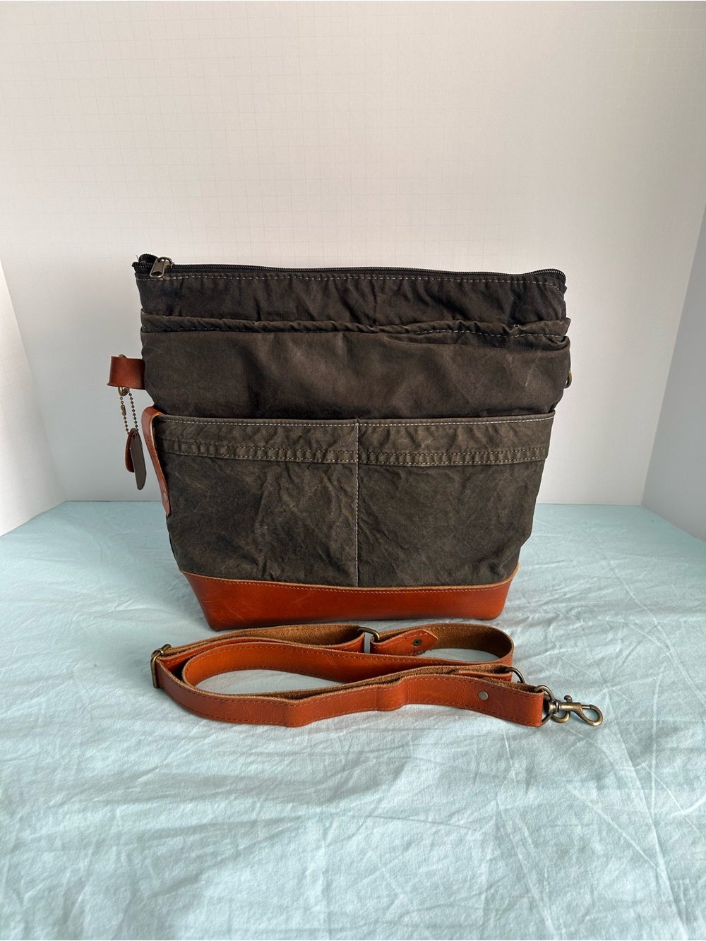 R. Riveter Canvas and Leather Crossbody Bag in Dark Brown and Tan